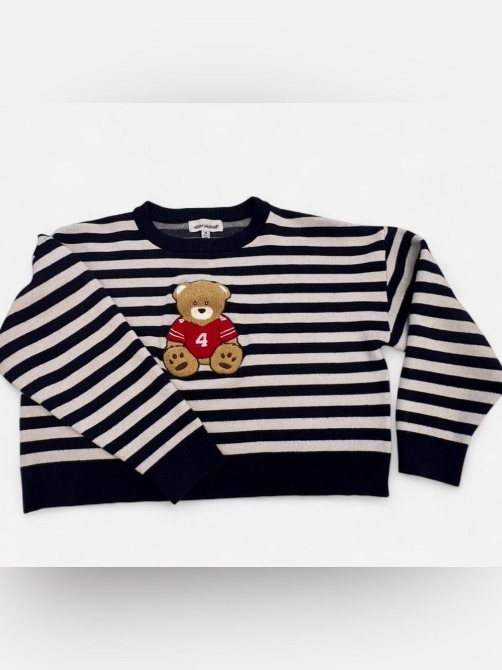 Navy & Cream/Gray Striped Teddy Bear Cropped Sweater Women’s Medium Preppy